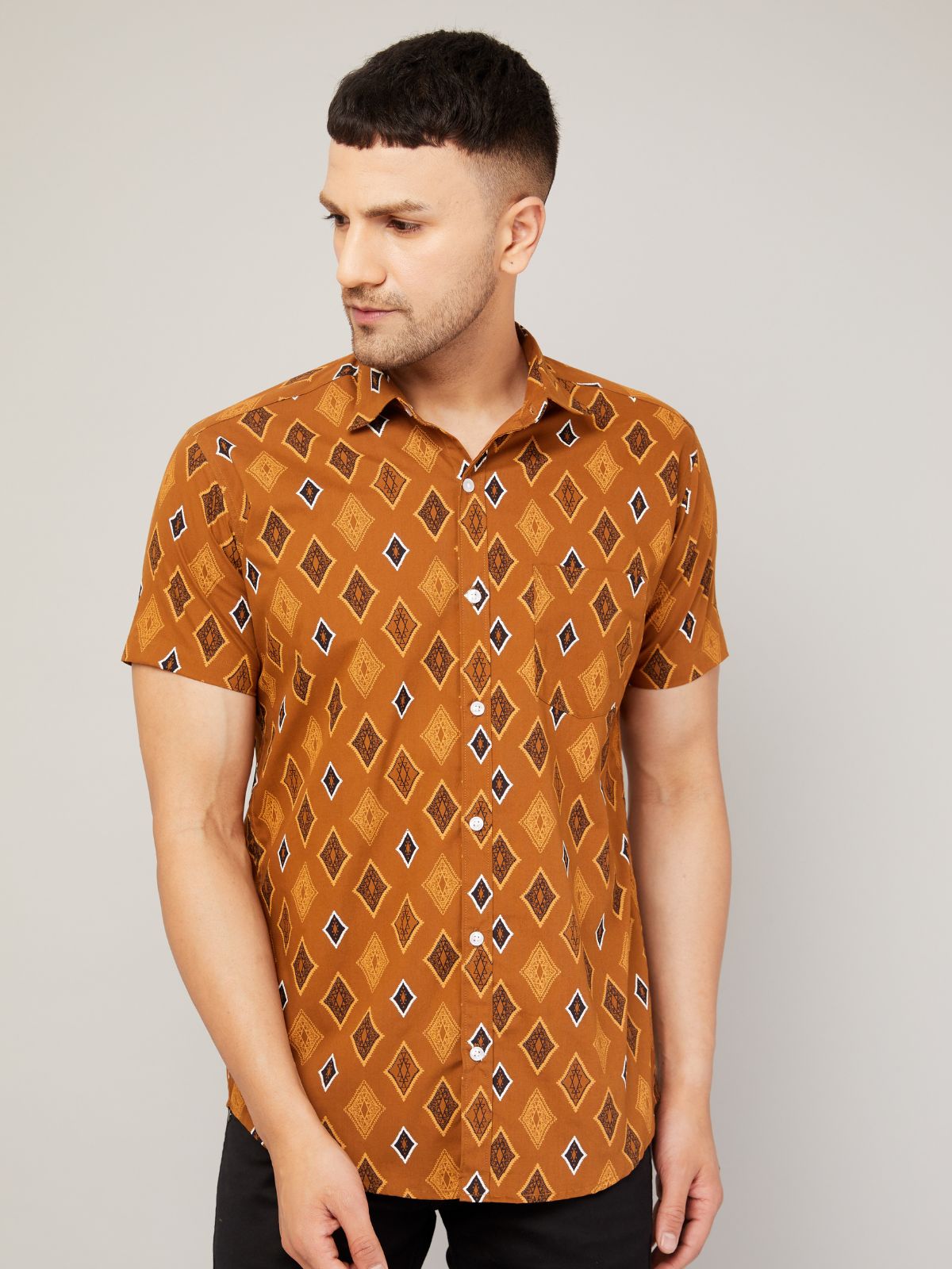 Louis Monarch Men Regular Fit Brown Printed Spread Collar Casual Half Shirt